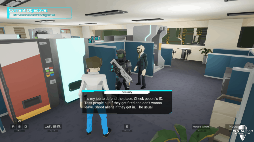 Screenshot of office workers and a security guard in Moon Corp. Tower Defense