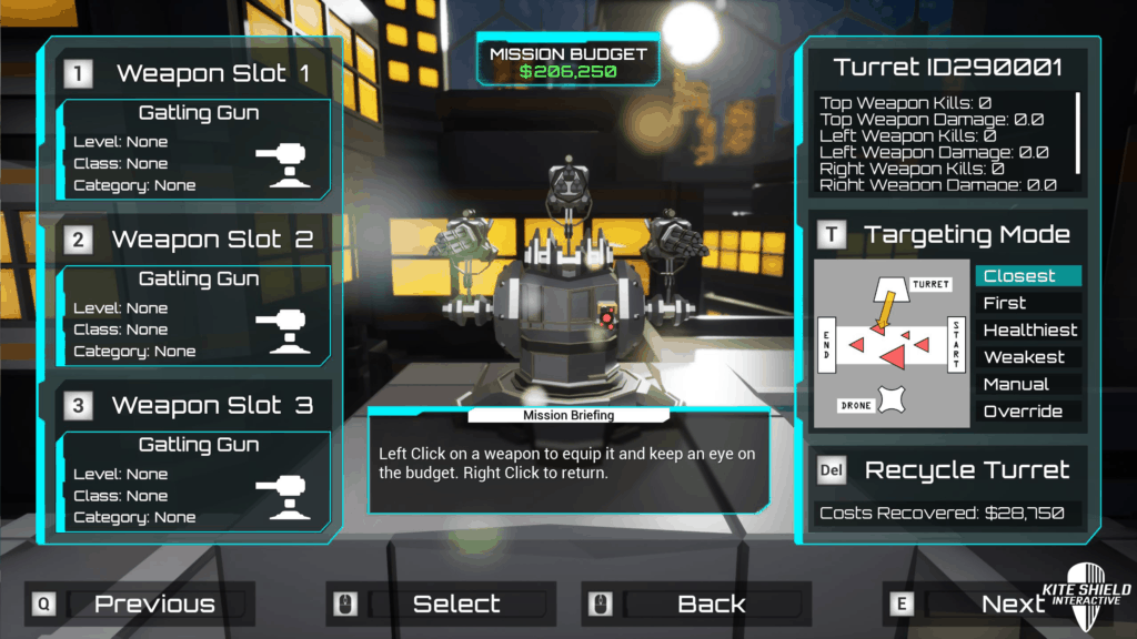 Screenshot of turrent deployment options in Moon Corp. Tower Defense
