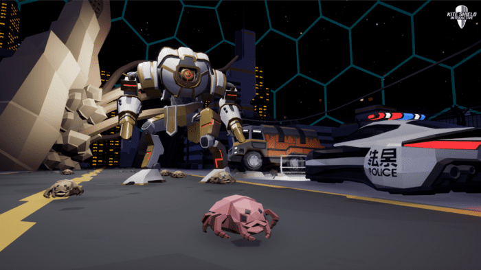 Screenshot of a mech and aliens in Moon Corp. Tower Defense