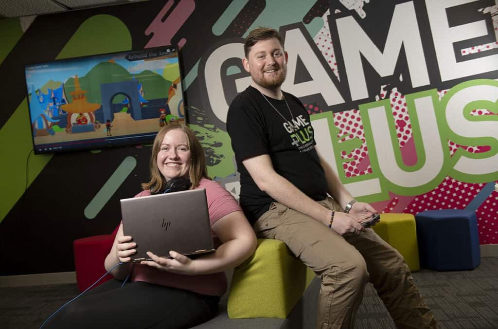 Game Plus member Katie Abela (left) and Game Plus Adelaide Community Manager Aiden Gyory (right).